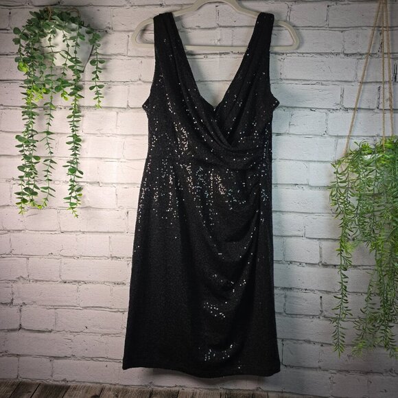 BETSY AND ADAM BLACK SEQUIN PARTY DRESS TANK STYLE WRAP BODICE WOMENS SIZE 10 - Picture 2 of 5